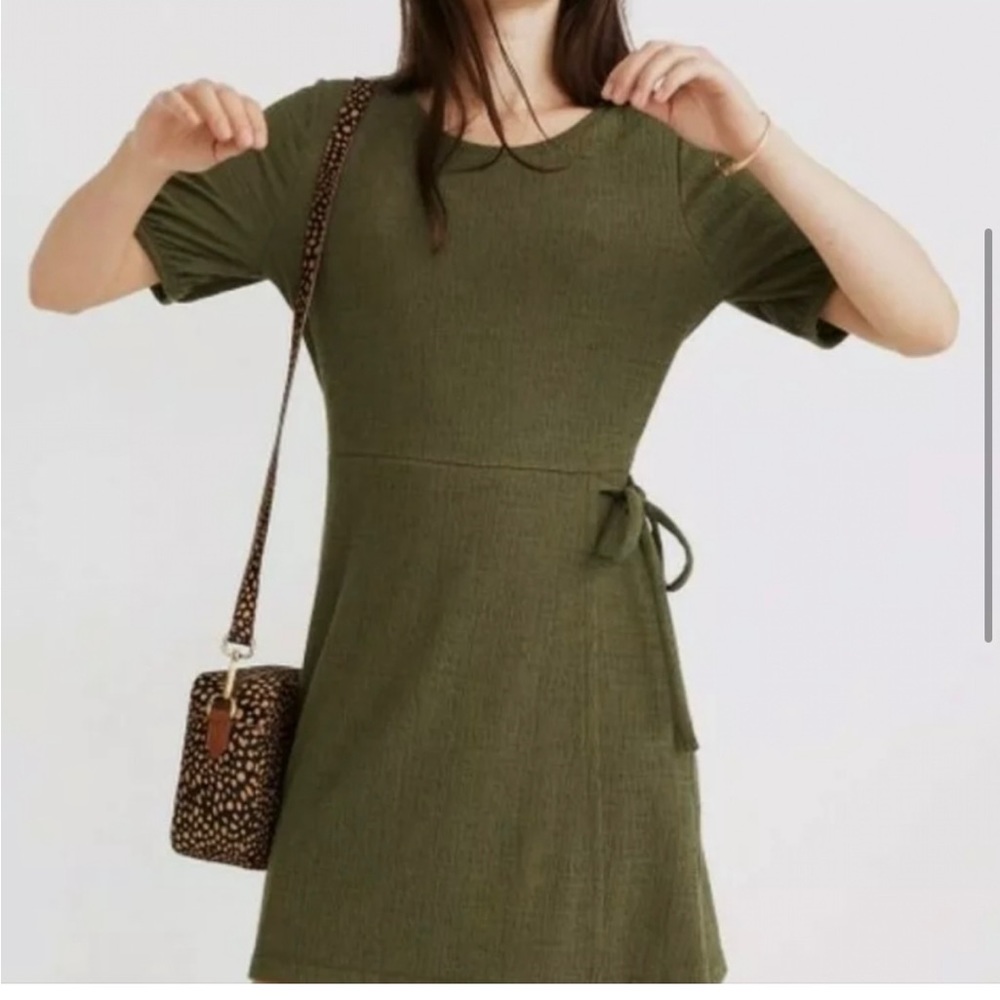 Madewell Palm Tree Crosshatch Puff-Sleeve Faux-Wrap Dress Green